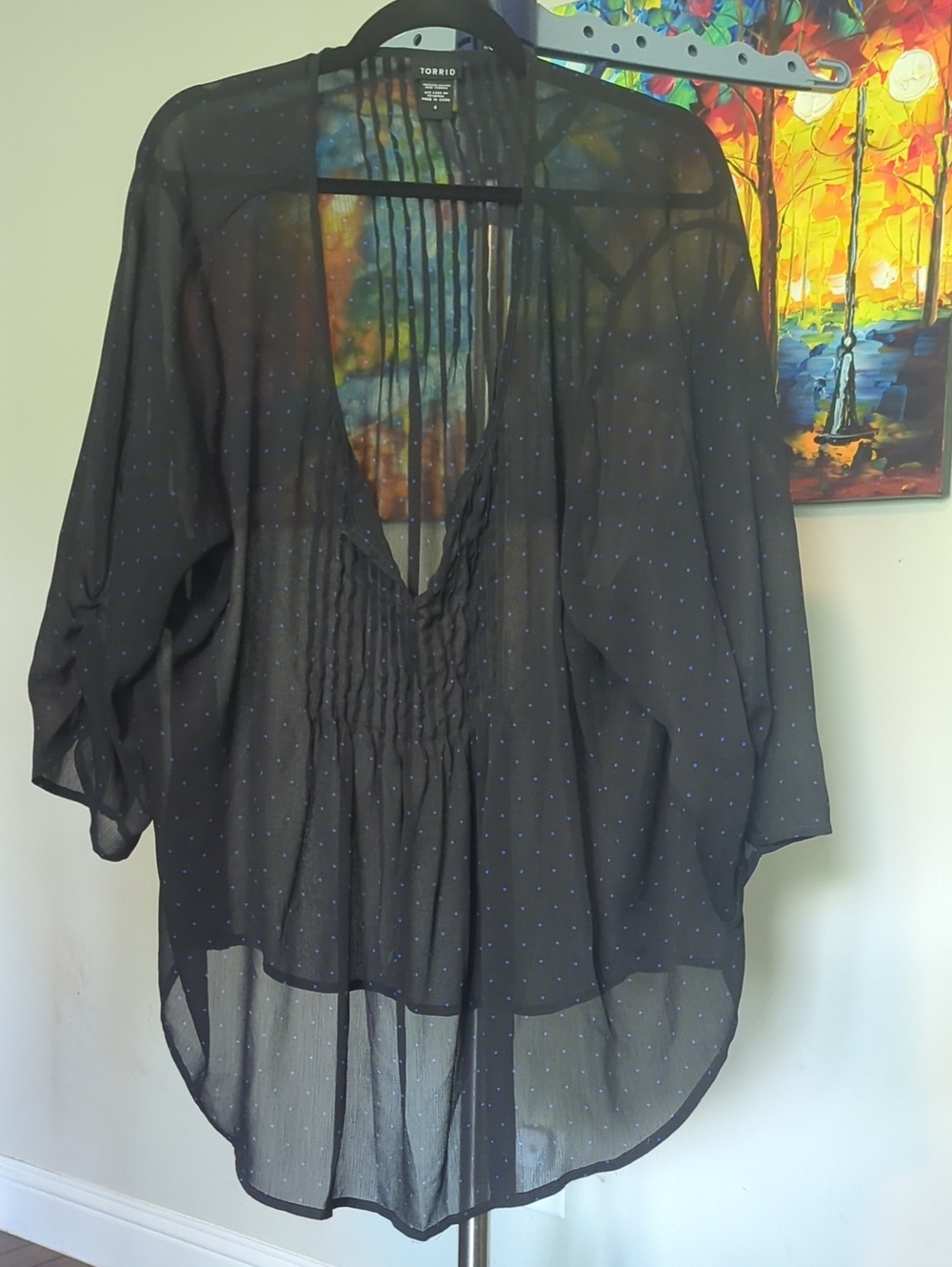 torrid Black Sheer V-Neck Blouse with Small Blue Dots #2